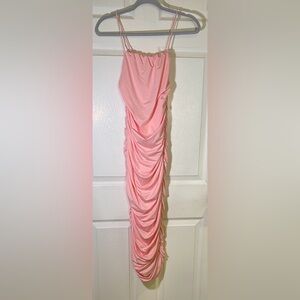 Pink/Coral Ruched Bodycon Midi Dress Spaghetti Strap‎ Size M